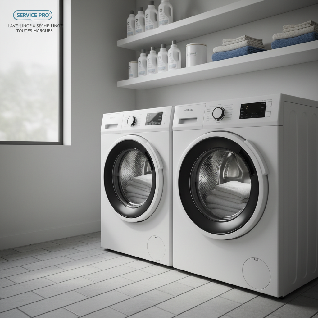 An open, well-organized utility room featuring a white front-loading washing machine and matching dryer, both with clear glass doors and illuminated drum interiors. The appliances sit side by side on a light-grey tiled floor, with simple shelving above holding neatly arranged detergent containers and folded towels. Soft, diffused daylight from a high window gently lights the scene, creating subtle highlights on the glossy enamel surfaces and mild shadows beneath the machines. Photographed at a slight three-quarter angle with balanced composition, the focus is sharp on the control panels and door seals, suggesting professional maintenance and repair. The atmosphere is calm, orderly, and reassuring, with photographic realism that communicates reliability and all-brand service for lave-linge and sèche-linge.