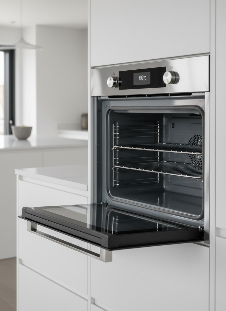 A sleek stainless steel built-in oven with a black glass front, digital display, and gleaming chrome knobs, shown with the door slightly open to reveal spotless interior racks. The oven is integrated into a modern white kitchen cabinet wall with a smooth quartz countertop beneath. Soft natural daylight enters from an unseen window, reflecting subtly on the metal surfaces and creating gentle, realistic shadows around the appliance. Photographed at eye level with a clean, centered composition and sharp focus throughout, the atmosphere feels professional, reliable, and orderly. The photographic realism highlights the oven’s details and conveys precision and high-quality repair and installation services, with the rest of the kitchen softly blurred to keep the focus on the appliance.