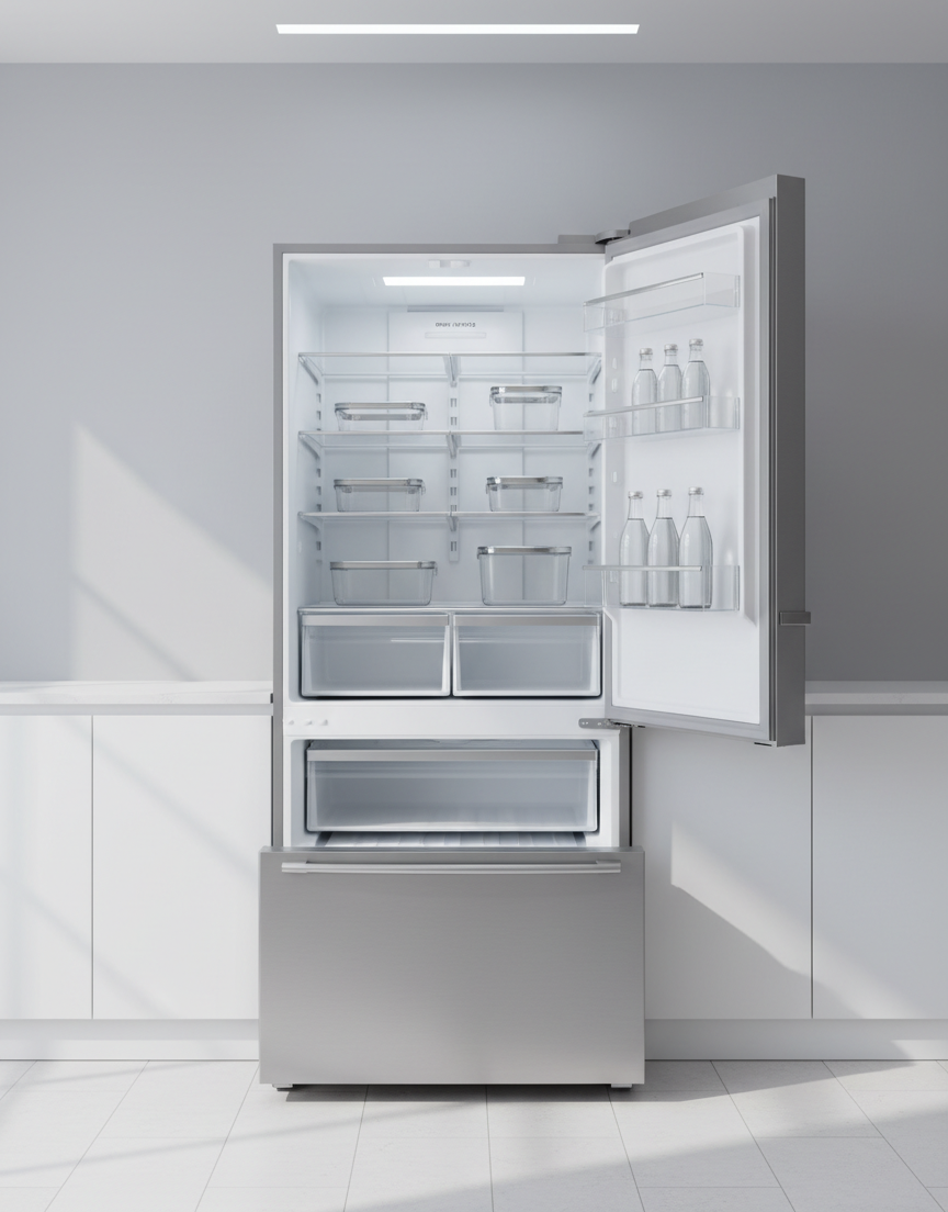 A tall, freestanding French-door refrigerator in brushed stainless steel, one door slightly open to reveal illuminated, well-organized glass shelves, crispers, and door bins. Transparent containers, a few neatly arranged bottles, and frozen drawers in the lower freezer compartment highlight the appliance’s structure without focusing on food. The fridge stands against a neutral wall with simple cabinetry beside it, in a clean, uncluttered kitchen. Soft, cool-toned overhead lighting and faint window light combine to create realistic highlights along the door edges and handles, with gentle floor shadows. Captured in photographic realism at an eye-level angle, the image conveys reliability, cold-chain integrity, and expert intervention on réfrigérateurs and congélateurs, with a calm, professional atmosphere.