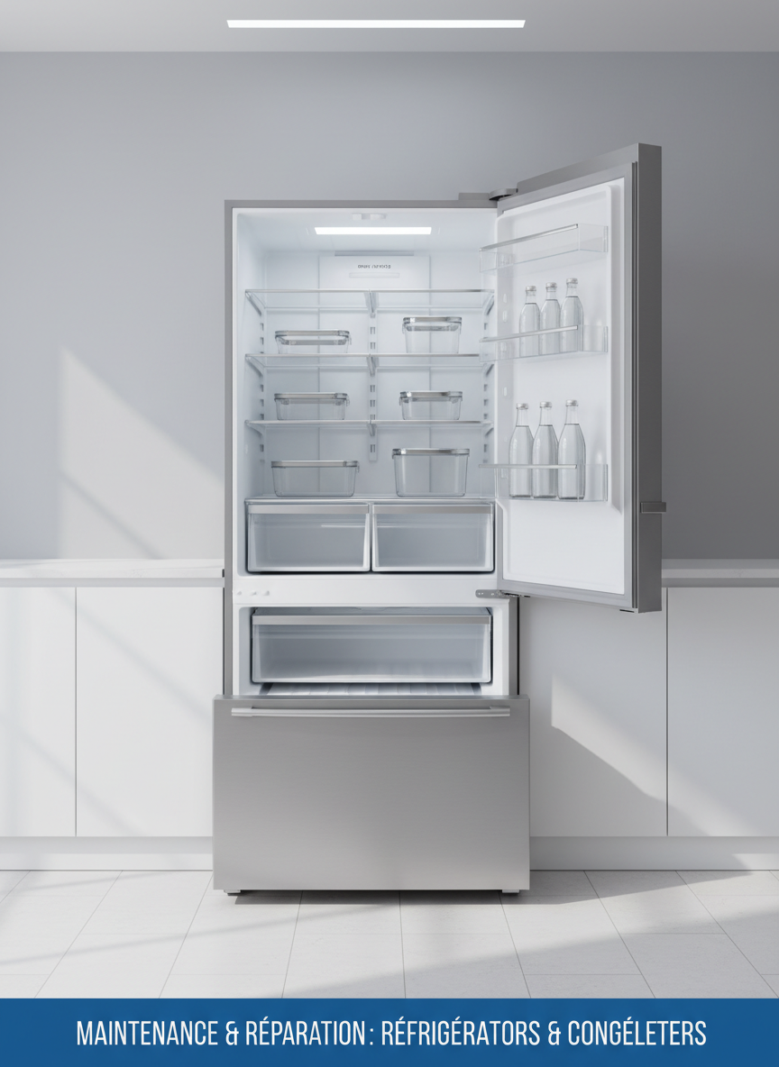 A tall, freestanding French-door refrigerator in brushed stainless steel, one door slightly open to reveal illuminated, well-organized glass shelves, crispers, and door bins. Transparent containers, a few neatly arranged bottles, and frozen drawers in the lower freezer compartment highlight the appliance’s structure without focusing on food. The fridge stands against a neutral wall with simple cabinetry beside it, in a clean, uncluttered kitchen. Soft, cool-toned overhead lighting and faint window light combine to create realistic highlights along the door edges and handles, with gentle floor shadows. Captured in photographic realism at an eye-level angle, the image conveys reliability, cold-chain integrity, and expert intervention on réfrigérateurs and congélateurs, with a calm, professional atmosphere.