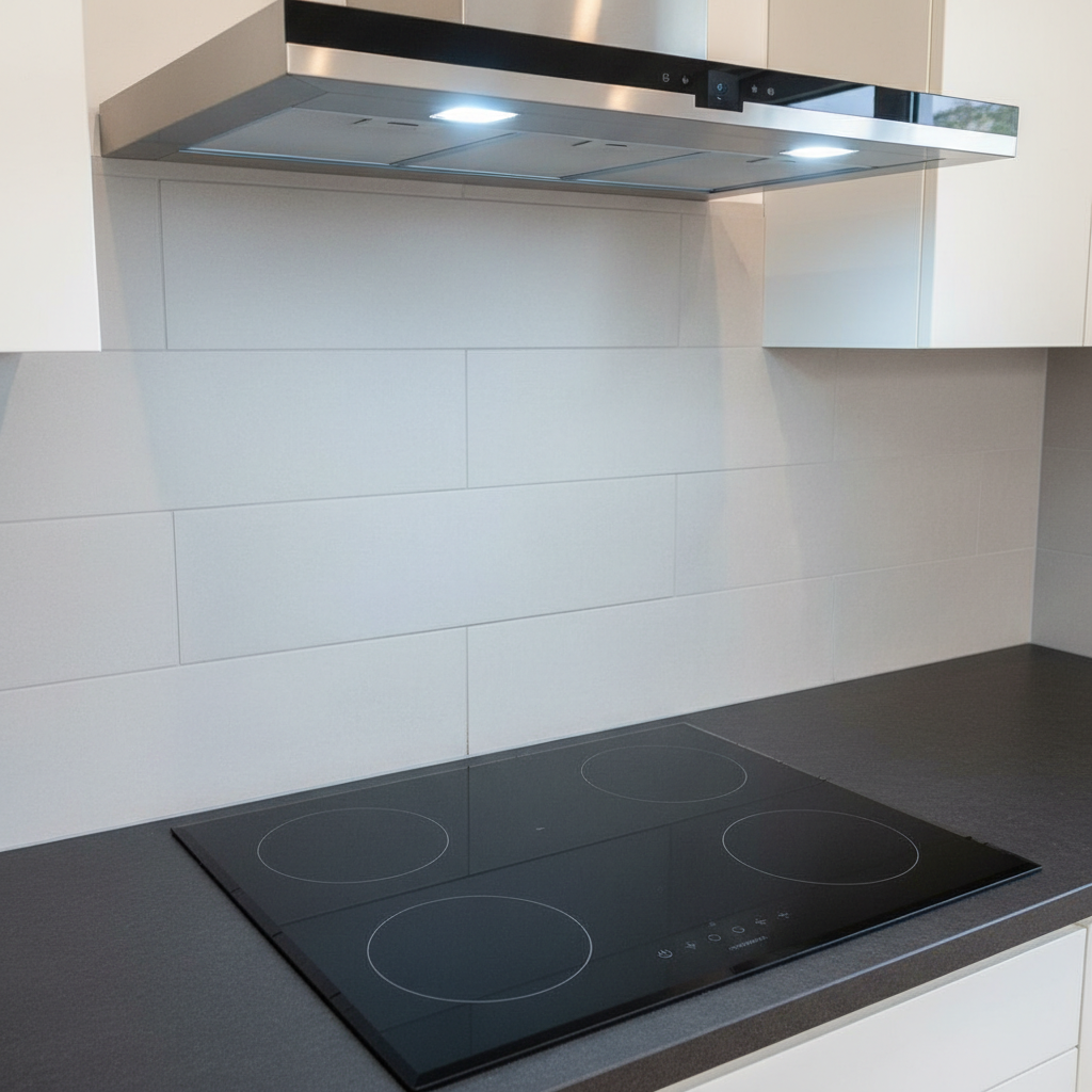 A contemporary induction cooktop with four distinct heating zones and subtle white control markings, embedded seamlessly in a dark matte stone worktop. Above it, a modern glass and brushed-steel range hood with powerful LED lights casts a cool, even illumination on the pristine surface below. The background shows a minimalist tiled backsplash in soft grey tones and tidy countertops with no clutter. Captured from a slightly elevated angle in photographic realism, the reflective glass of the cooktop shows faint, accurate reflections of the hood lights. The mood is clean, technical, and efficient, emphasizing precise installation and expert troubleshooting of plaques de cuisson and hottes in a modern French kitchen setting.