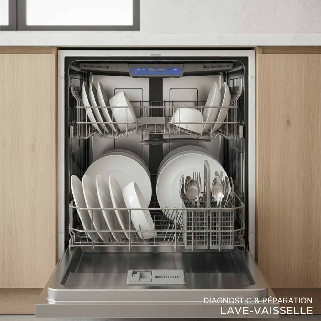 A high-capacity stainless steel dishwasher with the lower rack smoothly pulled out, revealing orderly rows of clean plates and utensils, emphasizing the integrity of the spray arms and internal components. The appliance is integrated into a bright, modern kitchen with light oak cabinetry and a pale stone countertop. Overhead recessed lighting combines with subtle natural light from the side, creating realistic reflections on the dishwasher’s brushed metal front and gentle shadows in the open interior. Shot at counter height with a focus on the door hinges, control panel, and inner seals, the composition uses the rule of thirds to keep the machine prominent while softly blurring the background. The mood is professional and reassuring, ideal for illustrating precise diagnostic and repair services for lave-vaisselle.