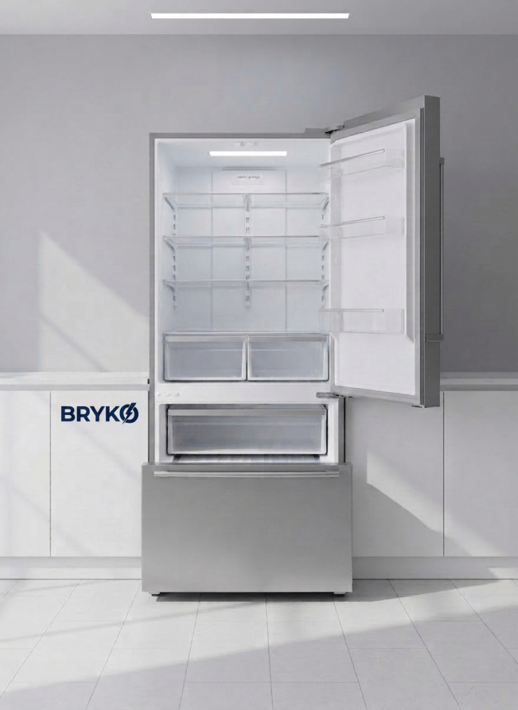 A tall, freestanding French-door refrigerator in brushed stainless steel, one door slightly open to reveal illuminated, well-organized glass shelves, crispers, and door bins. Transparent containers, a few neatly arranged bottles, and frozen drawers in the lower freezer compartment highlight the appliance’s structure without focusing on food. The fridge stands against a neutral wall with simple cabinetry beside it, in a clean, uncluttered kitchen. Soft, cool-toned overhead lighting and faint window light combine to create realistic highlights along the door edges and handles, with gentle floor shadows. Captured in photographic realism at an eye-level angle, the image conveys reliability, cold-chain integrity, and expert intervention on réfrigérateurs and congélateurs, with a calm, professional atmosphere.
